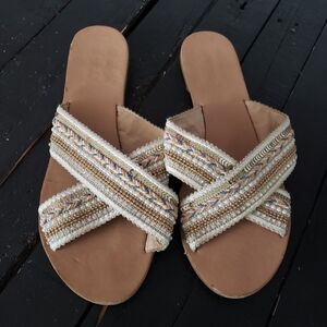 London Rag Women's 10 Slip On Sandals Slides Beaded Sequin Boho Cross Straps